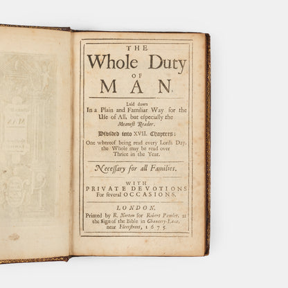 A beautiful example of Richard Allestree's The Whole Duty of Man, well-preserved in this English Restoration red goatskin binding