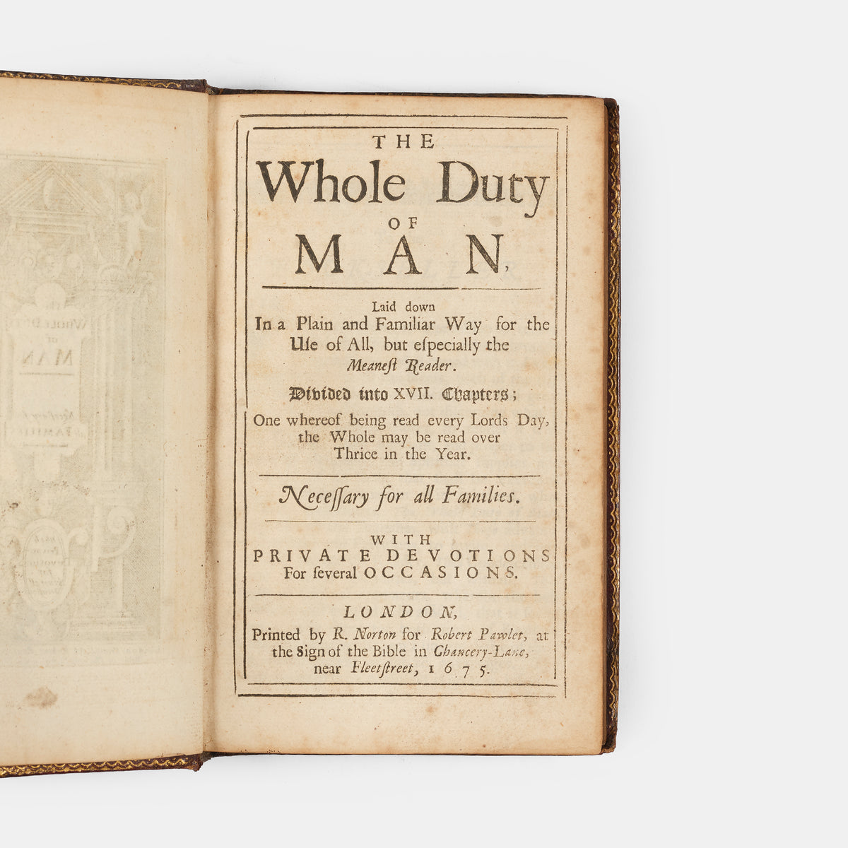 A beautiful example of Richard Allestree's The Whole Duty of Man, well-preserved in this English Restoration red goatskin binding