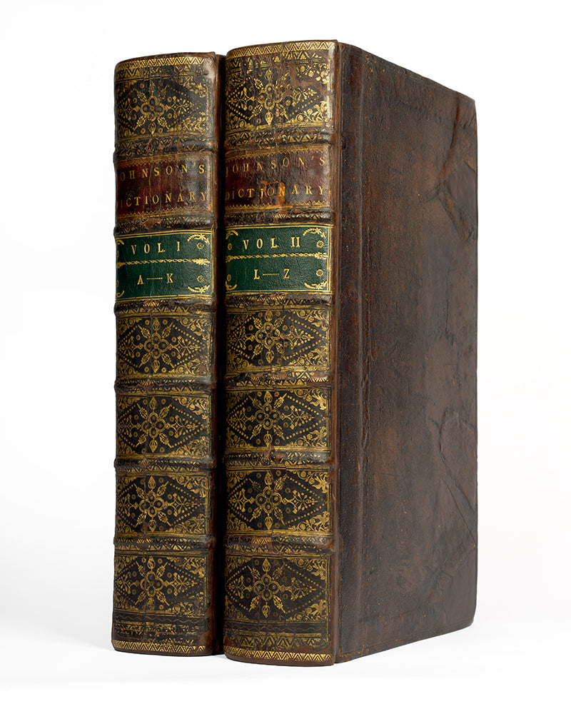 The first edition of Samuel Johnson's great contribution to the standardisation of English, A Dictionary of the English Language, in the original calf boards