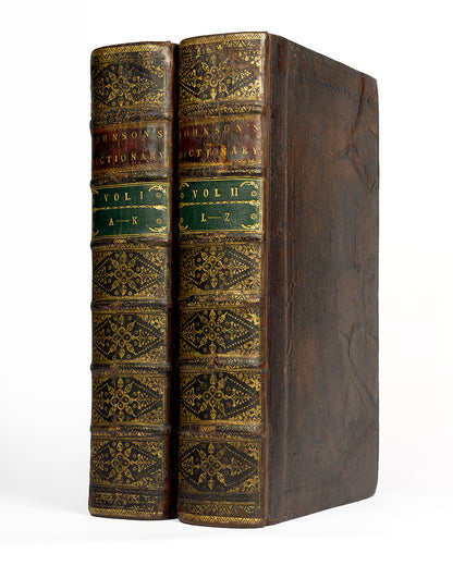 The first edition of Samuel Johnson's great contribution to the standardisation of English, A Dictionary of the English Language, in the original calf boards