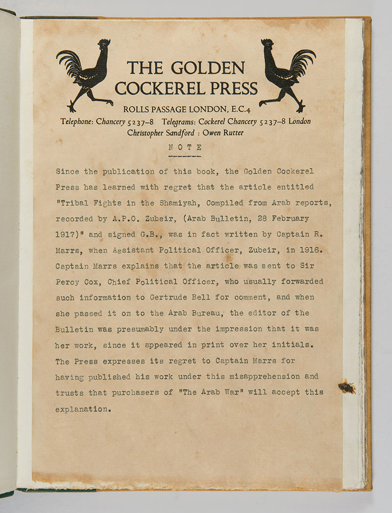 Scarce limited edition bound by Sangorski & Sutcliffe of Gertrude Bell's The Arab War.