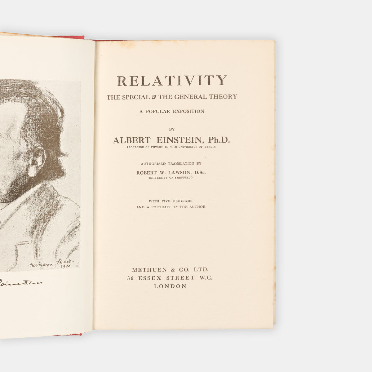 First English language edition, first impression of Einstein's first popular treatment of his revolutionary theory, Relativity, The Special & the General Theory