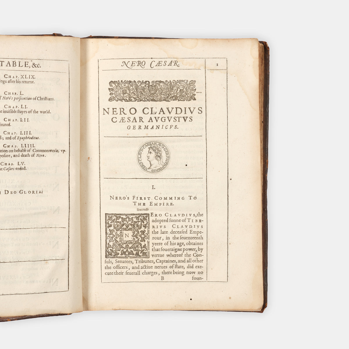 The first edition of Edmund Bolton's history of Roman Emperor Nero, one of the earliest works to be illustrated with engravings of Roman coins