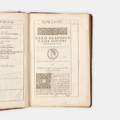 The first edition of Edmund Bolton's history of Roman Emperor Nero, one of the earliest works to be illustrated with engravings of Roman coins