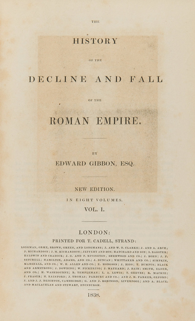 A handsome edition og Edeward Gibbon's classic History of the Decline and Fall of the Roman Empire, in a contemporary tan calf armoiral binding