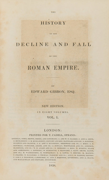 A handsome edition og Edeward Gibbon's classic History of the Decline and Fall of the Roman Empire, in a contemporary tan calf armoiral binding