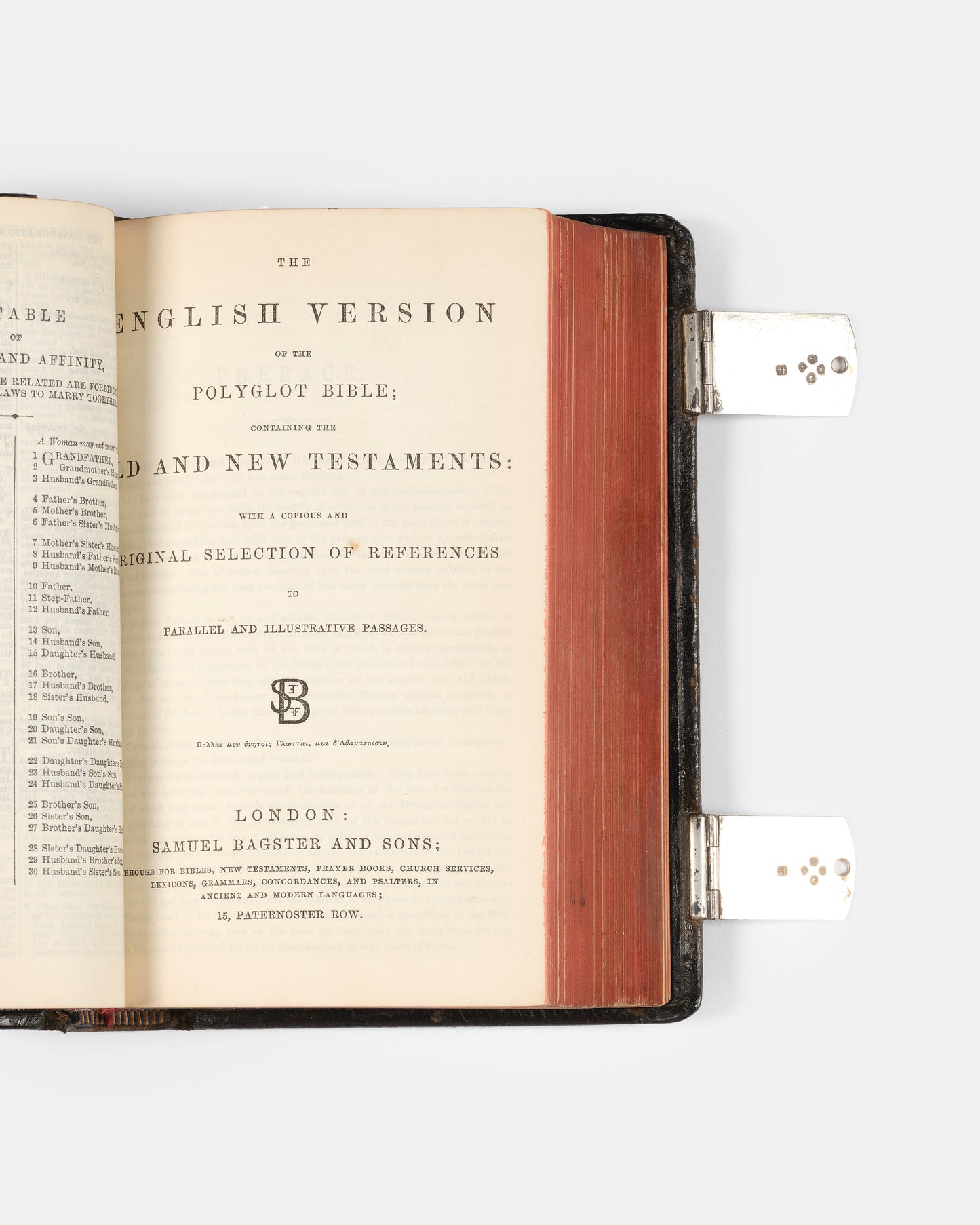 An attractive later printing of Samuel Bagster's Polyglot Bible, bound in contemporary black morocco with hallmarked silver clasps in full working order