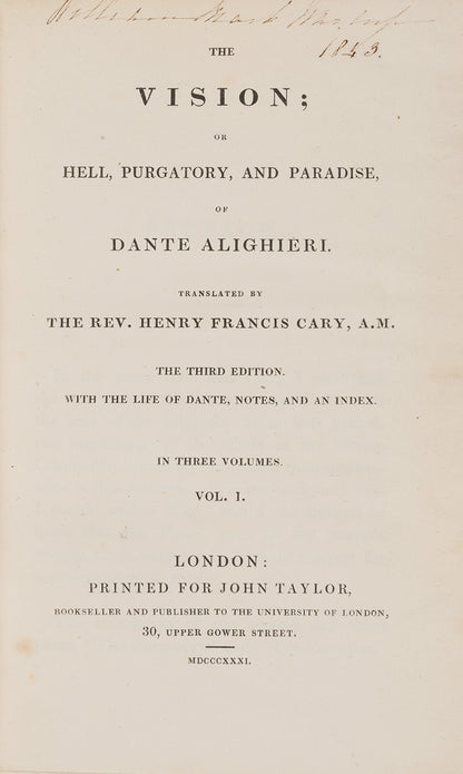 The third edition of this translation of Dante Alighieri's Divine Comedy by Henry Francis Cary