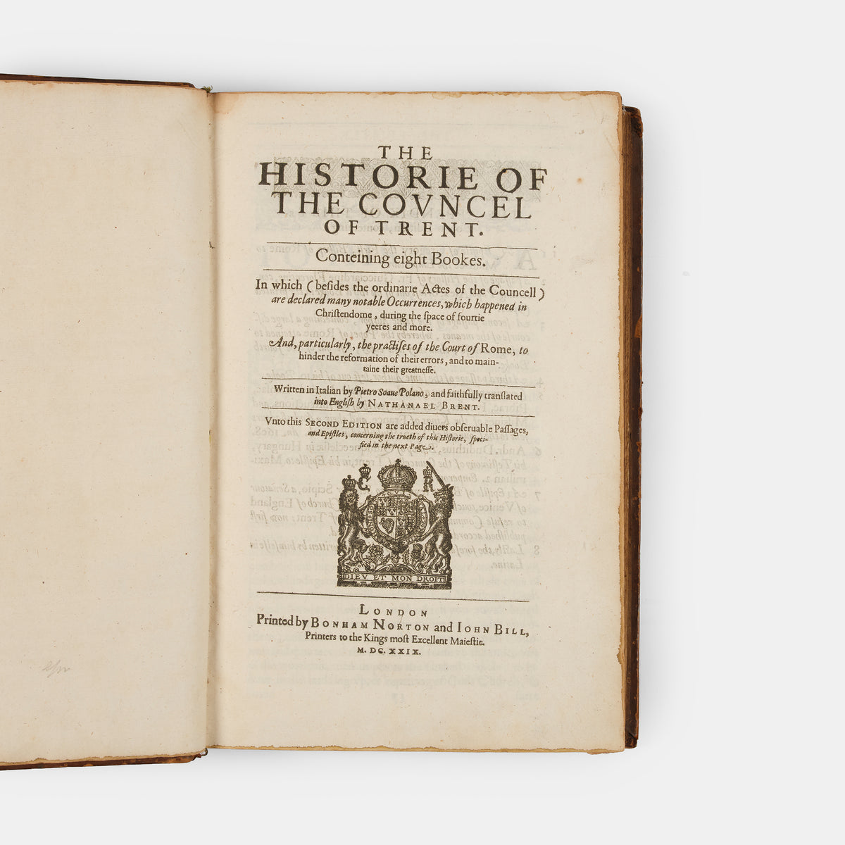 An excellent example of the second appearance in English of Paolo Sarpi's Historie of the Councel of Trent, bound in contemporary gilt panelled calf with the Royal Arms of King Charles I