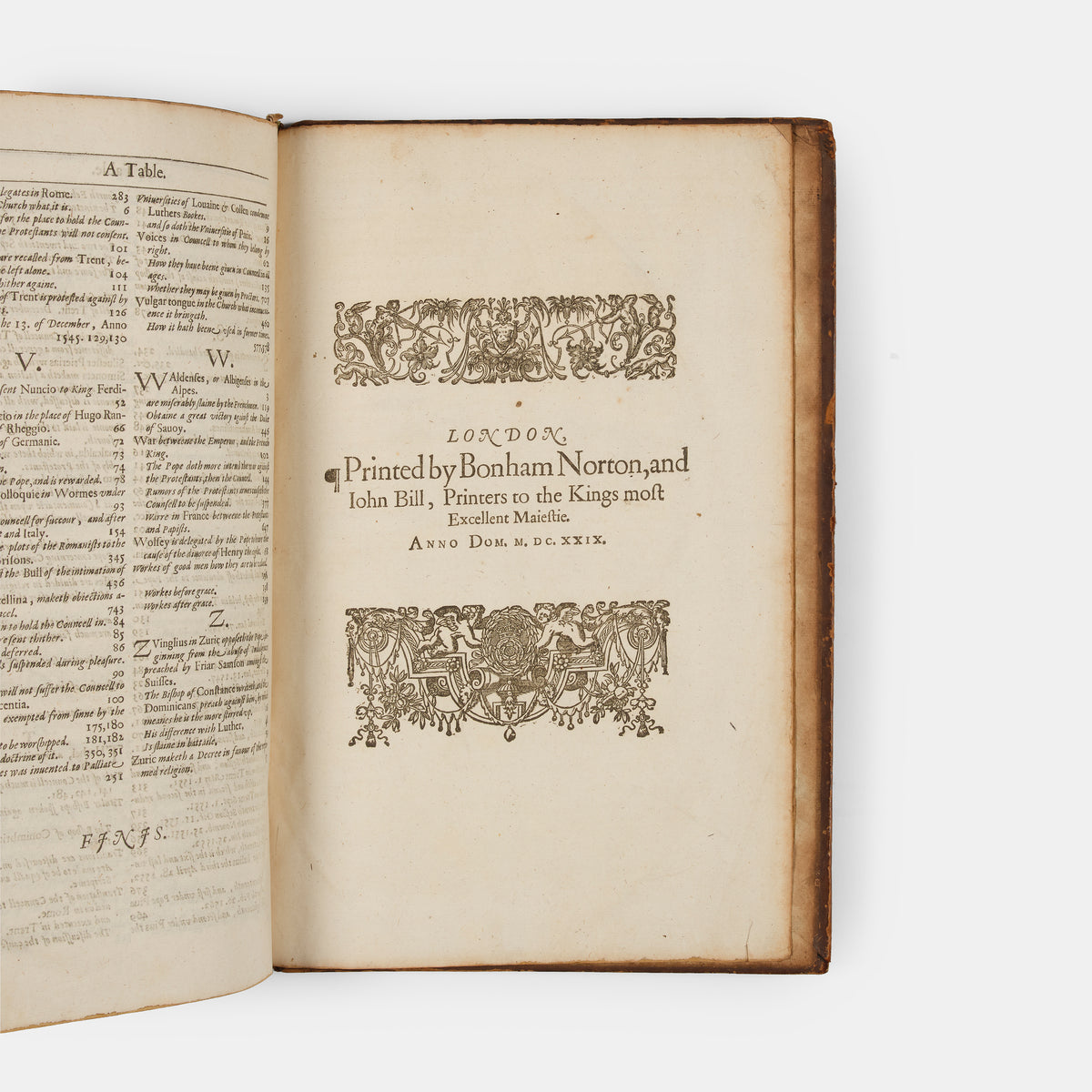 An excellent example of the second appearance in English of Paolo Sarpi's Historie of the Councel of Trent, bound in contemporary gilt panelled calf with the Royal Arms of King Charles I