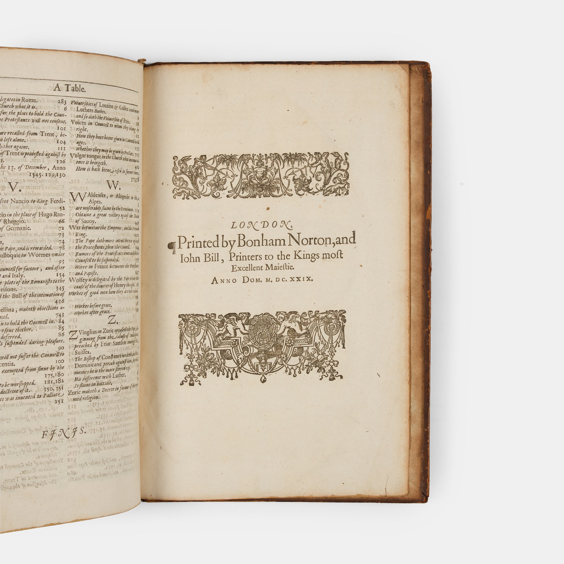An excellent example of the second appearance in English of Paolo Sarpi's Historie of the Councel of Trent, bound in contemporary gilt panelled calf with the Royal Arms of King Charles I