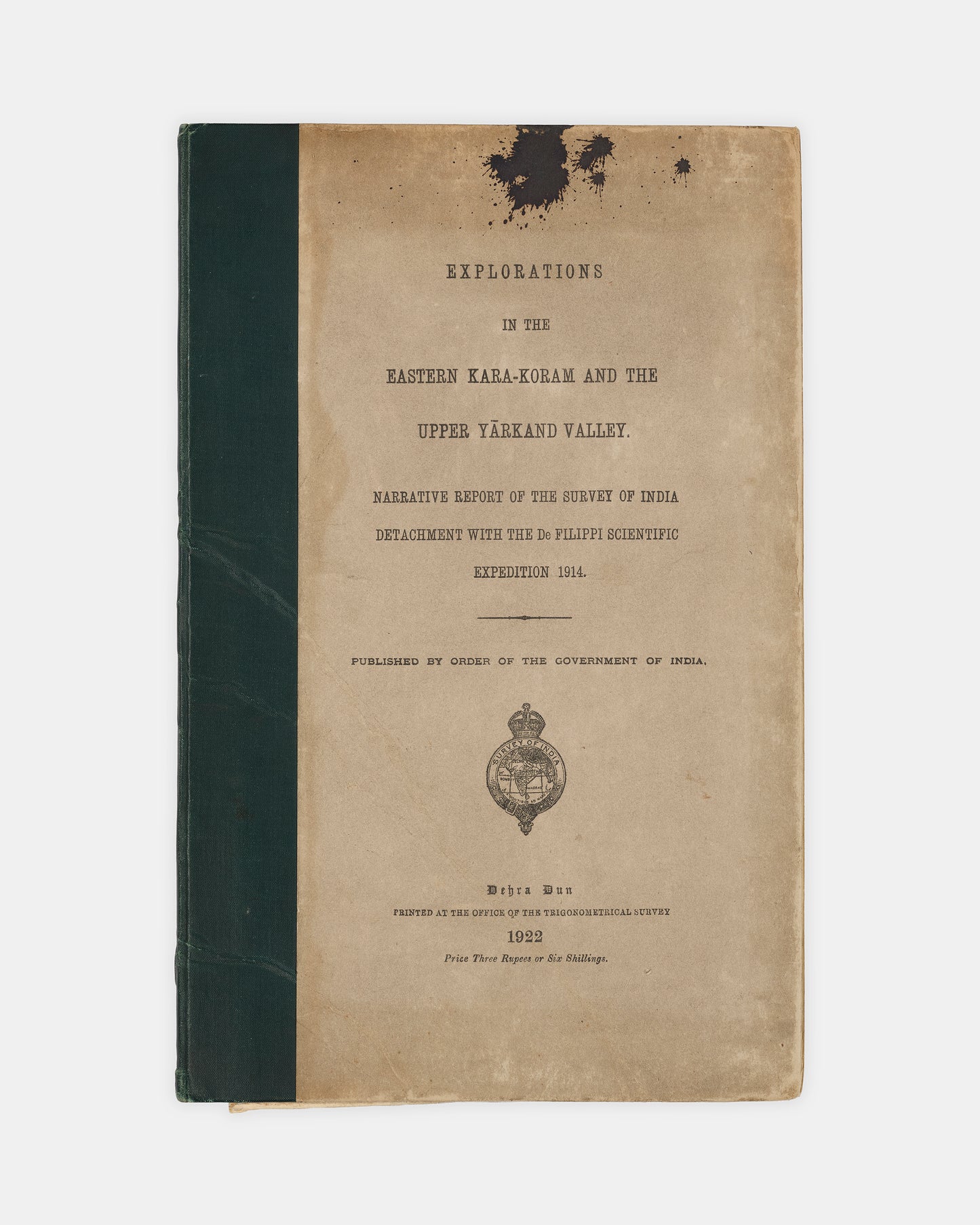 First edition of Explorations in the Eastern Kara-Koram and the Upper Yarkand Valley by Henry Wood, the scarce Survey of India report of De Filippi's Central Asian expedition which identified the Rimo Muztagh as the glacial source of the Yarkand River.