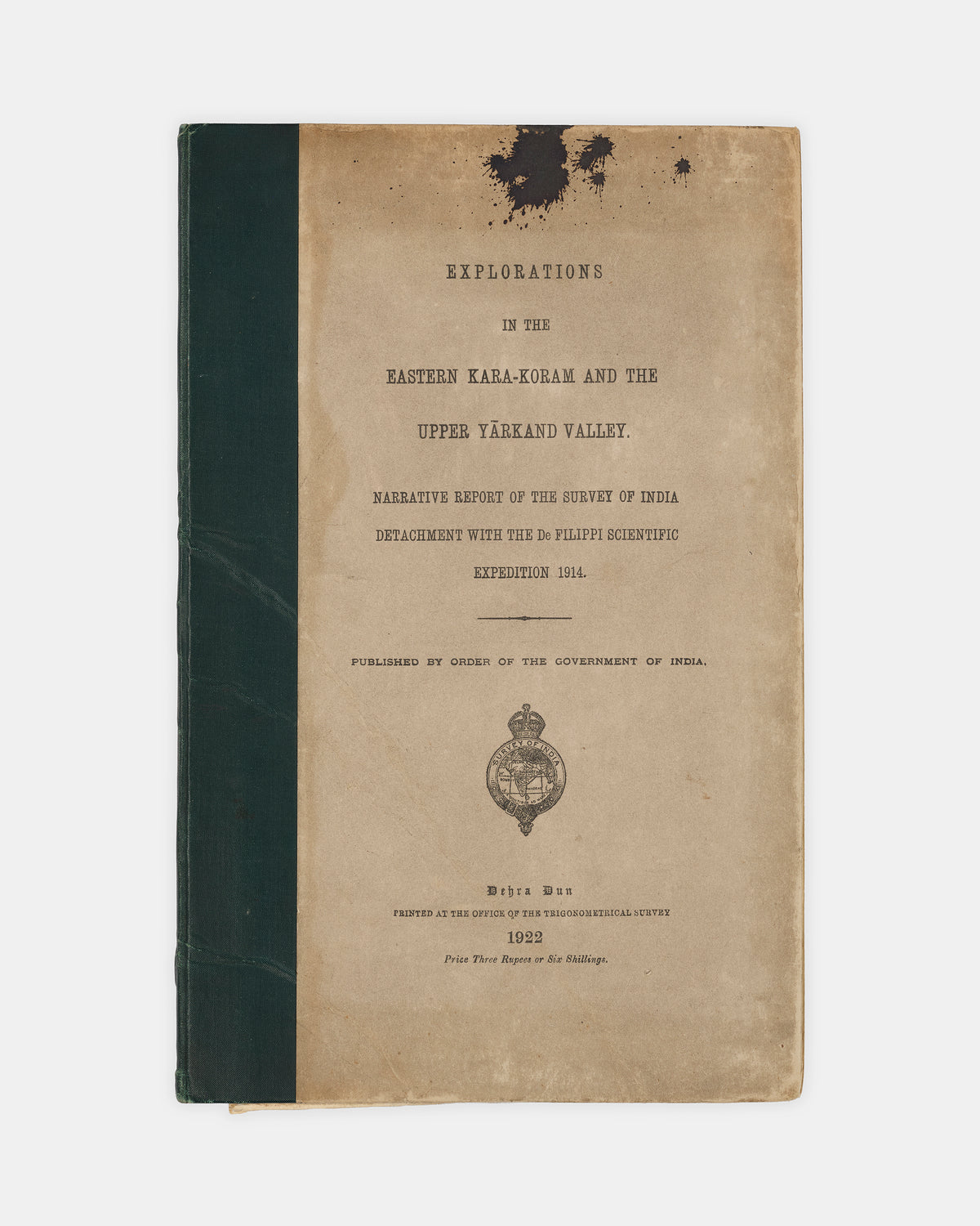 First edition of Explorations in the Eastern Kara-Koram and the Upper Yarkand Valley by Henry Wood, the scarce Survey of India report of De Filippi's Central Asian expedition which identified the Rimo Muztagh as the glacial source of the Yarkand River.