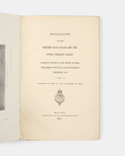 First edition of Explorations in the Eastern Kara-Koram and the Upper Yarkand Valley by Henry Wood, the scarce Survey of India report of De Filippi's Central Asian expedition which identified the Rimo Muztagh as the glacial source of the Yarkand River.