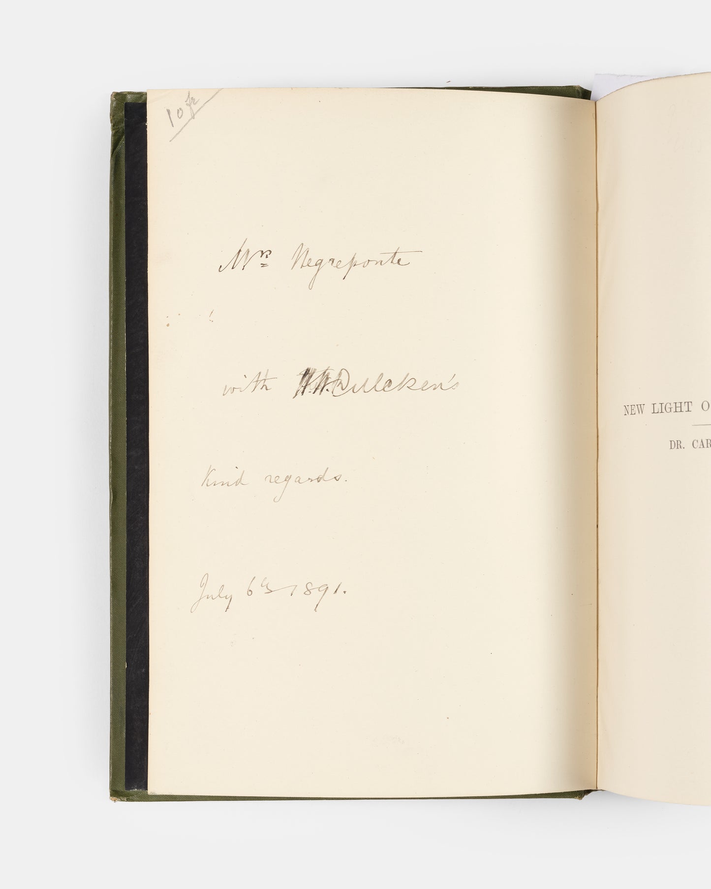First English edition of New Light on Dark Africa by Carl Peters, inscribed by the translator, Henry William Dulcken, to a member of the Negreponte family dated 1891.