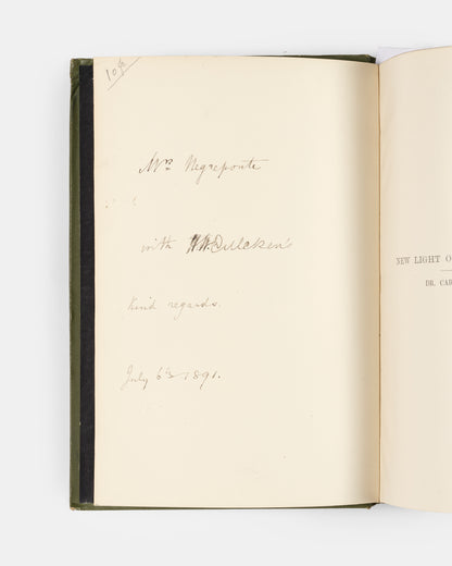 First English edition of New Light on Dark Africa by Carl Peters, inscribed by the translator, Henry William Dulcken, to a member of the Negreponte family dated 1891.