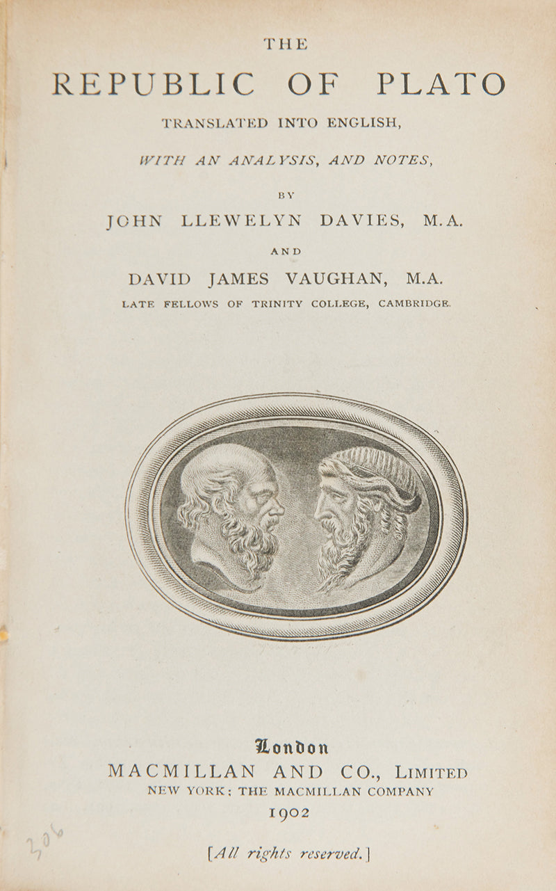Plato's Republic in English translation by John Llewelyn Davies and David James Vaughan, in contemporary half vellum