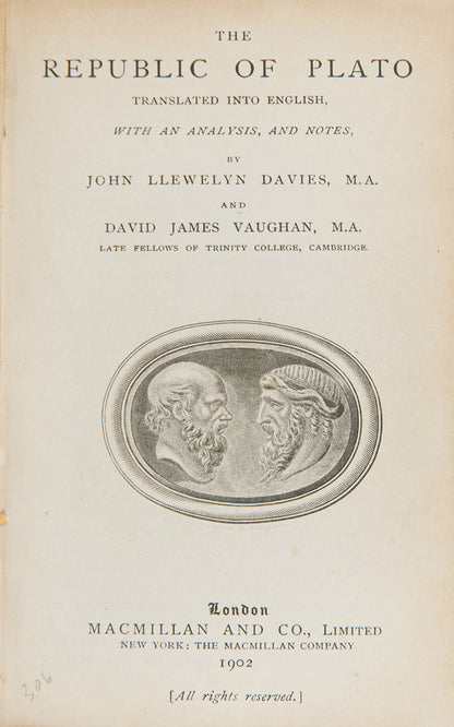 Plato's Republic in English translation by John Llewelyn Davies and David James Vaughan, in contemporary half vellum