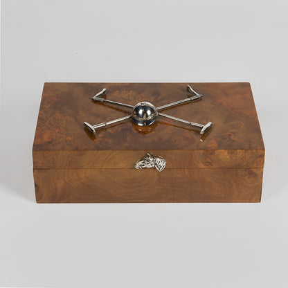 A very handsome Polo themed cigarette or cigar box with multiple uses for the non-smoker, with a pair of applied silver-plated polo mallets and helmet mounted on the lid 