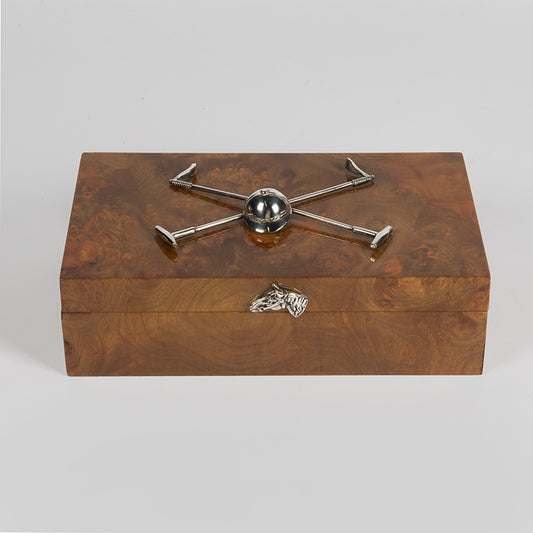 A very handsome Polo themed cigarette or cigar box with multiple uses for the non-smoker, with a pair of applied silver-plated polo mallets and helmet mounted on the lid 