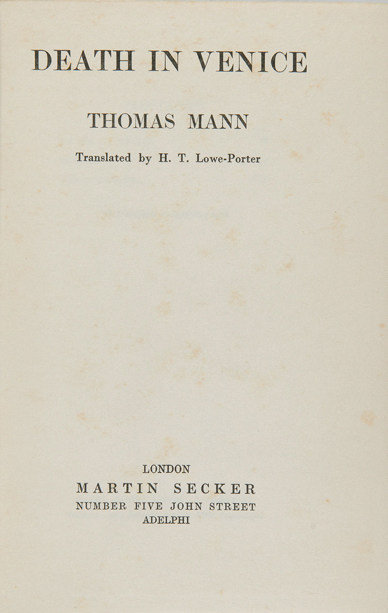 The first UK edition of Thomas Mann's Death in Venice, later made into an opera by Benjamin Britten.