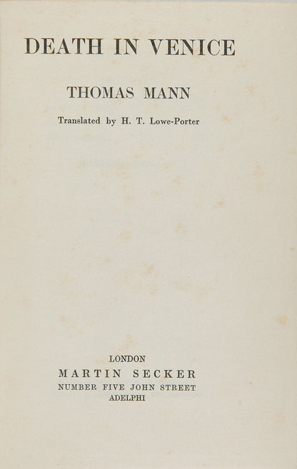 The first UK edition of Thomas Mann's Death in Venice, later made into an opera by Benjamin Britten.