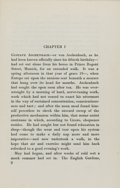 The first UK edition of Thomas Mann's Death in Venice, later made into an opera by Benjamin Britten.