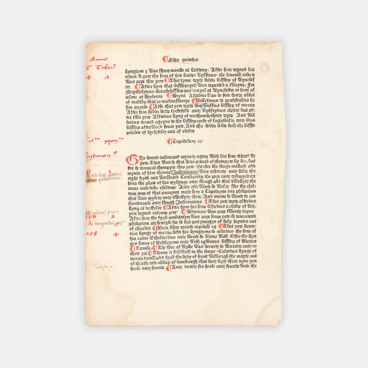 An English incunable leaf from Ranulf Higden's Polychronicon in English translation by John Trevisa, from the press of William Caxton
