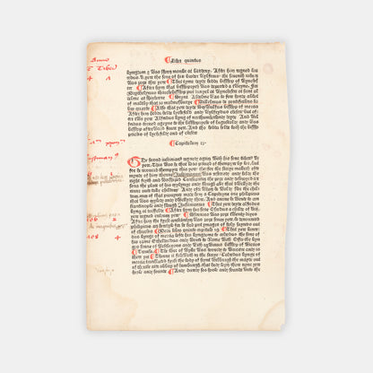 An English incunable leaf from Ranulf Higden's Polychronicon in English translation by John Trevisa, from the press of William Caxton