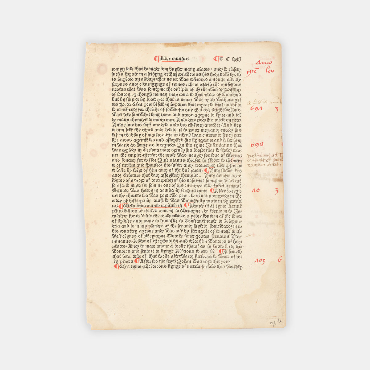 An English incunable leaf from Ranulf Higden's Polychronicon in English translation by John Trevisa, from the press of William Caxton