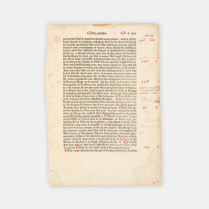 An English incunable leaf from Ranulf Higden's Polychronicon in English translation by John Trevisa, from the press of William Caxton
