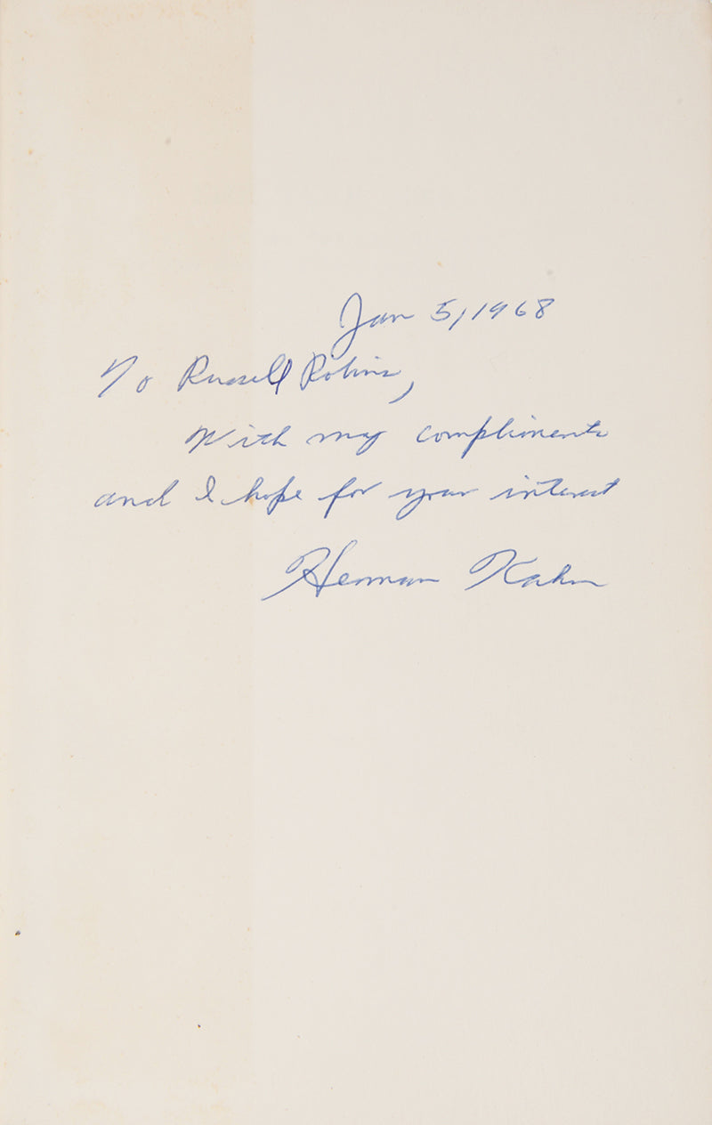 An inscribed copy of The Year 2000, in which Herman Kahn and Anthony J. Weiner gave their predictions for what the world may look like at the turn of the millennium.