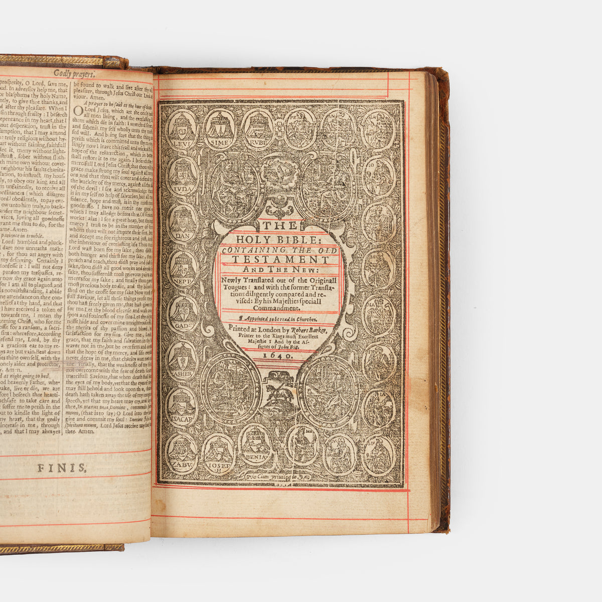A pleasing octavo edition of the King James Bible, ruled in red throughout and bound with The Book of Common Prayer and The Whole Book of the Psalmes