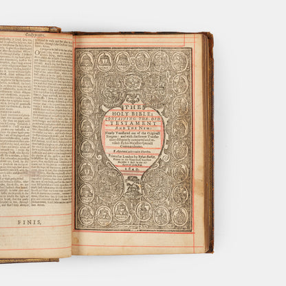 A pleasing octavo edition of the King James Bible, ruled in red throughout and bound with The Book of Common Prayer and The Whole Book of the Psalmes