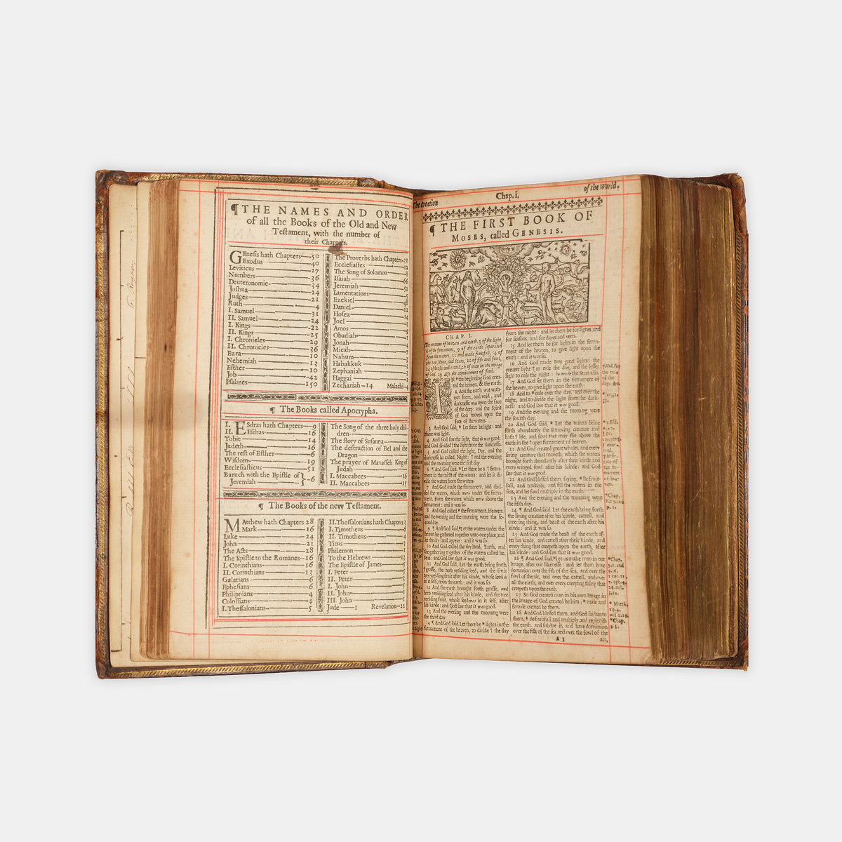 A pleasing octavo edition of the King James Bible, ruled in red throughout and bound with The Book of Common Prayer and The Whole Book of the Psalmes