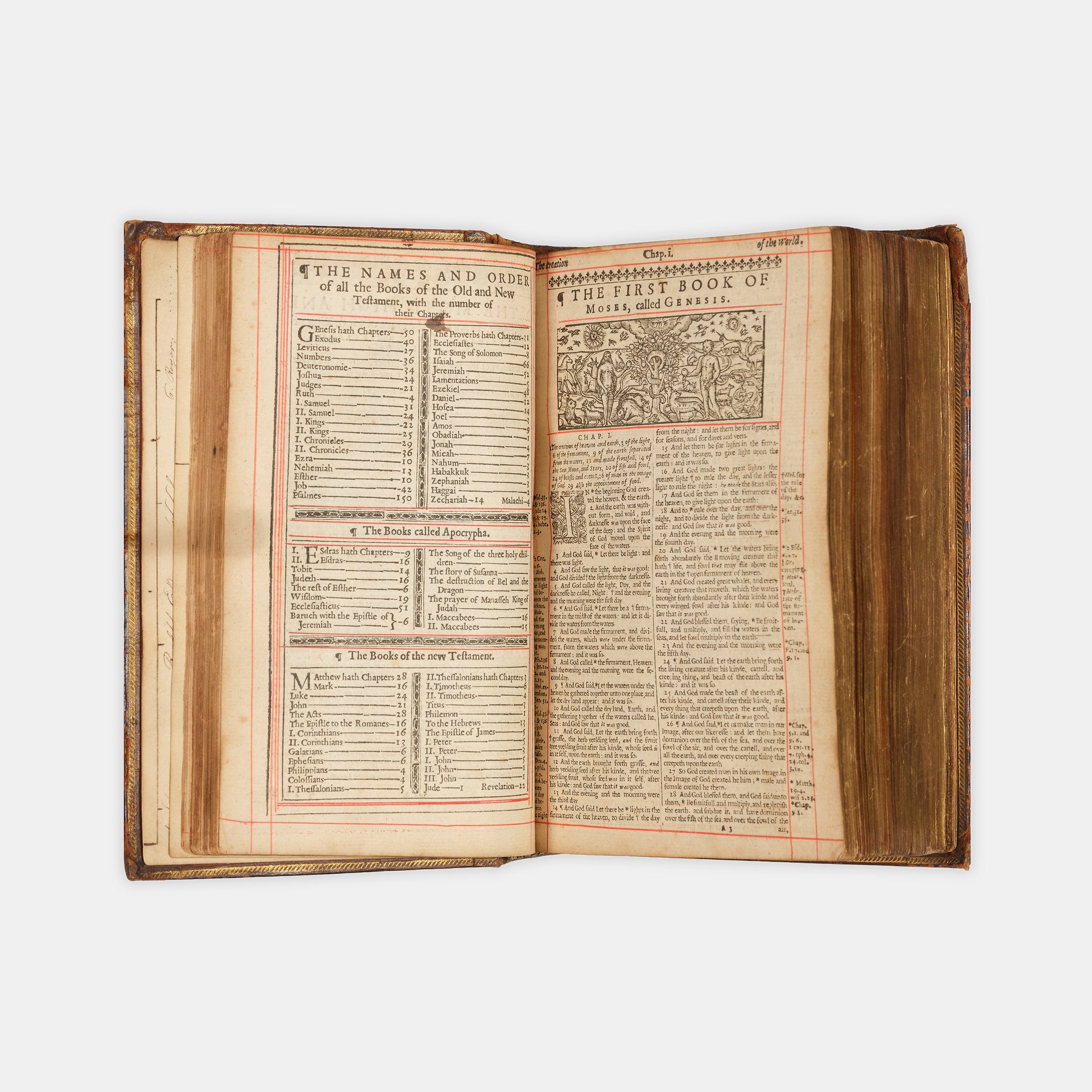 A pleasing octavo edition of the King James Bible, ruled in red throughout and bound with The Book of Common Prayer and The Whole Book of the Psalmes