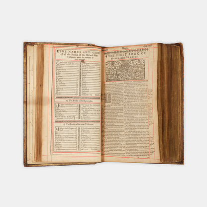 A pleasing octavo edition of the King James Bible, ruled in red throughout and bound with The Book of Common Prayer and The Whole Book of the Psalmes
