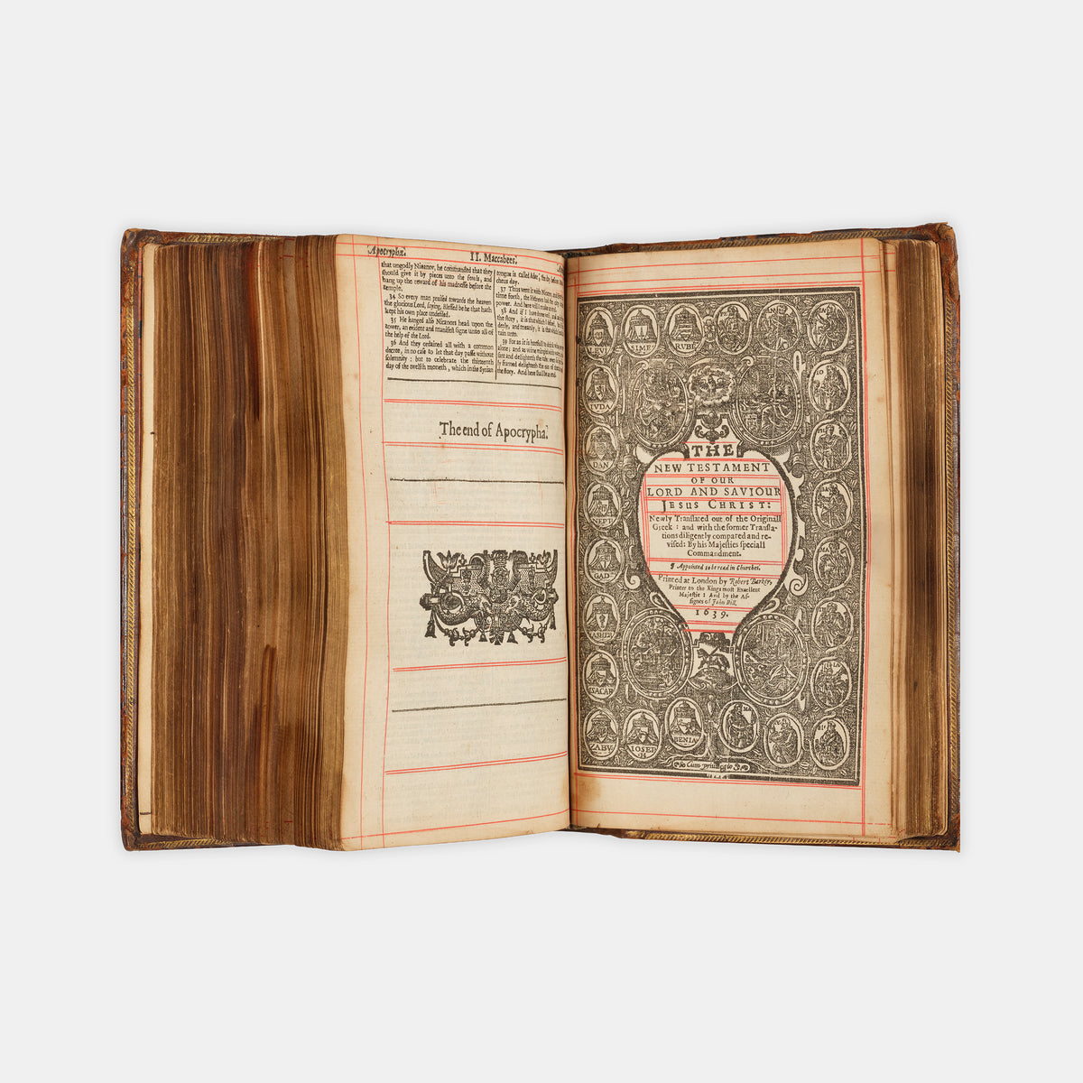A pleasing octavo edition of the King James Bible, ruled in red throughout and bound with The Book of Common Prayer and The Whole Book of the Psalmes
