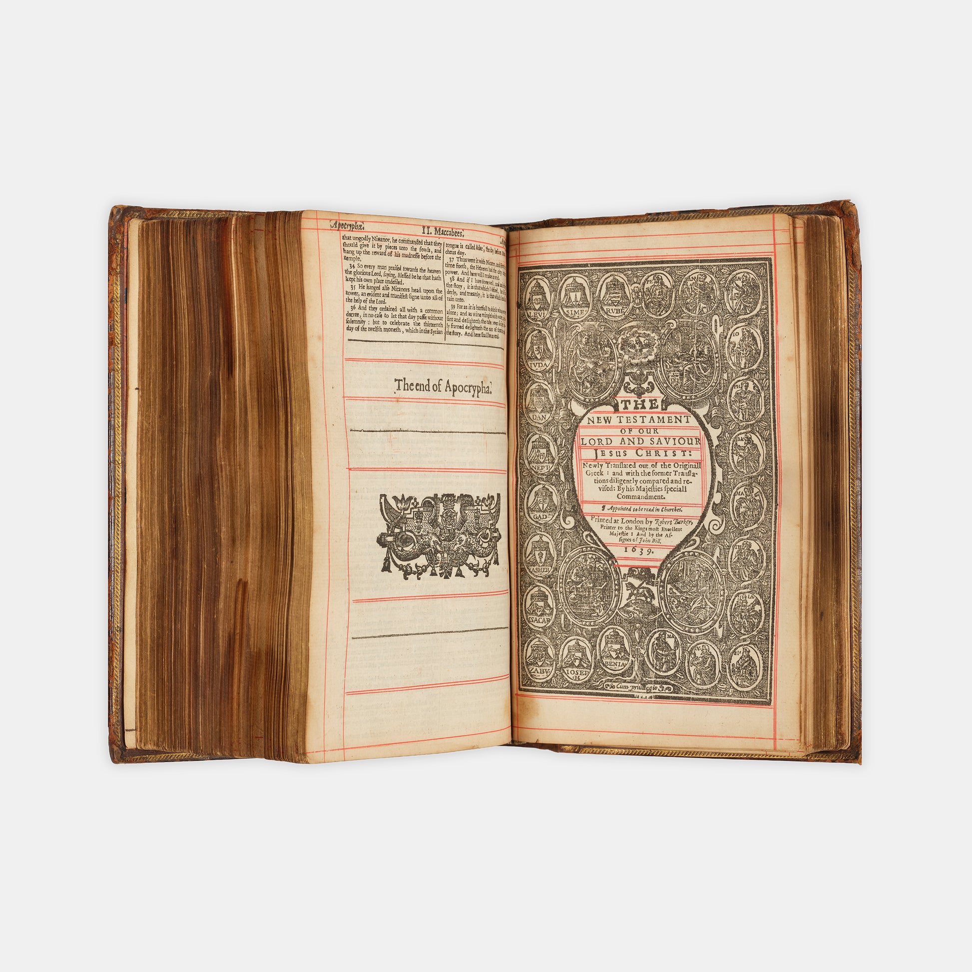 A pleasing octavo edition of the King James Bible, ruled in red throughout and bound with The Book of Common Prayer and The Whole Book of the Psalmes