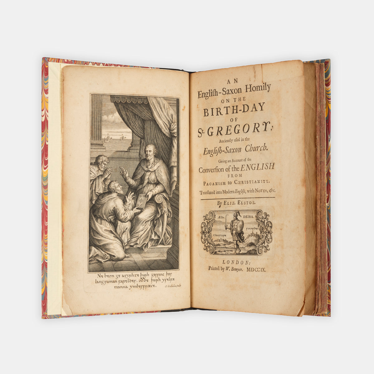 The first edition of this Old English life of Pop Gregory the Great by the Anglo-Saxon abbot Aelfric, pritned with a side-by-side translation into modern English by Elizbaeth Elstob