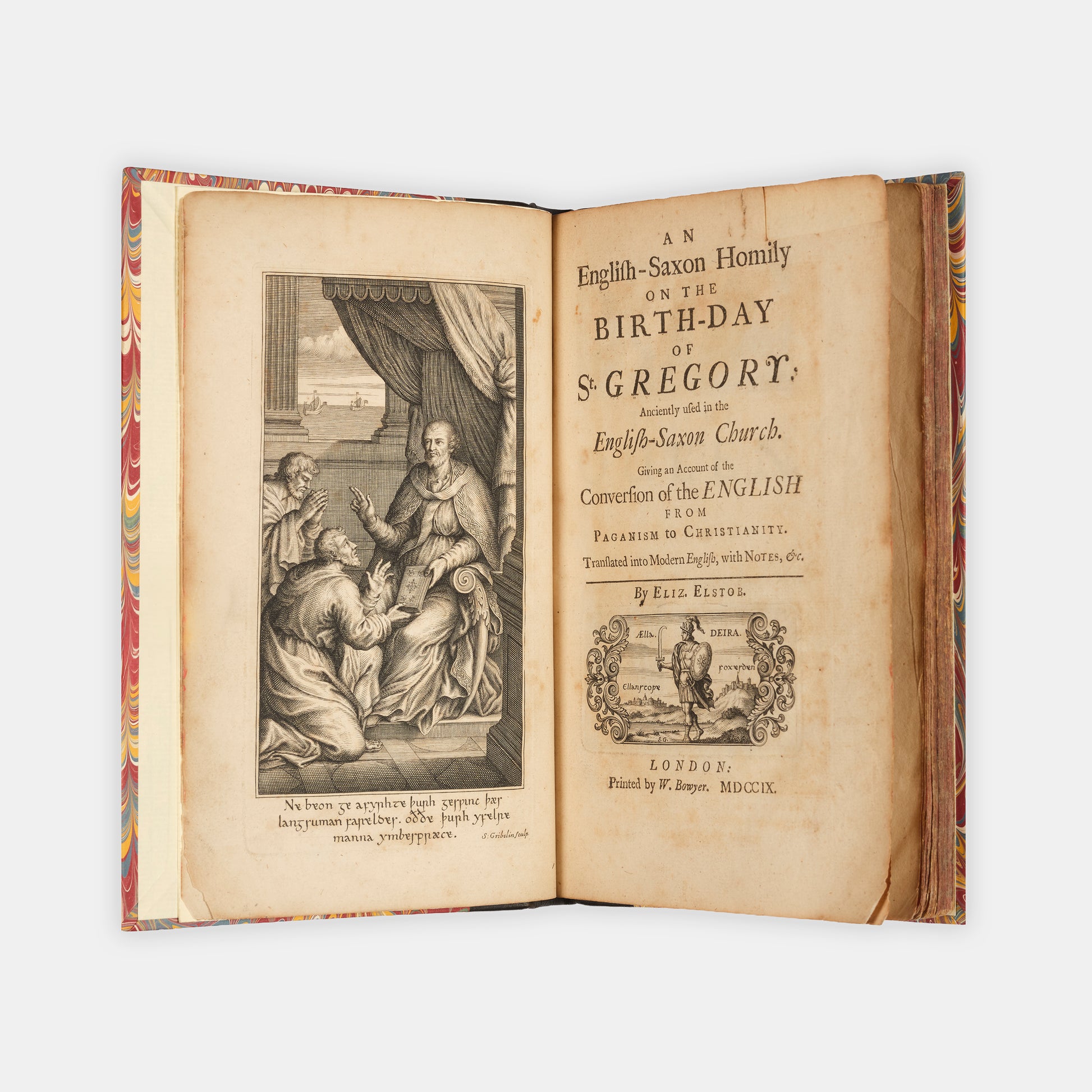 The first edition of this Old English life of Pop Gregory the Great by the Anglo-Saxon abbot Aelfric, pritned with a side-by-side translation into modern English by Elizbaeth Elstob