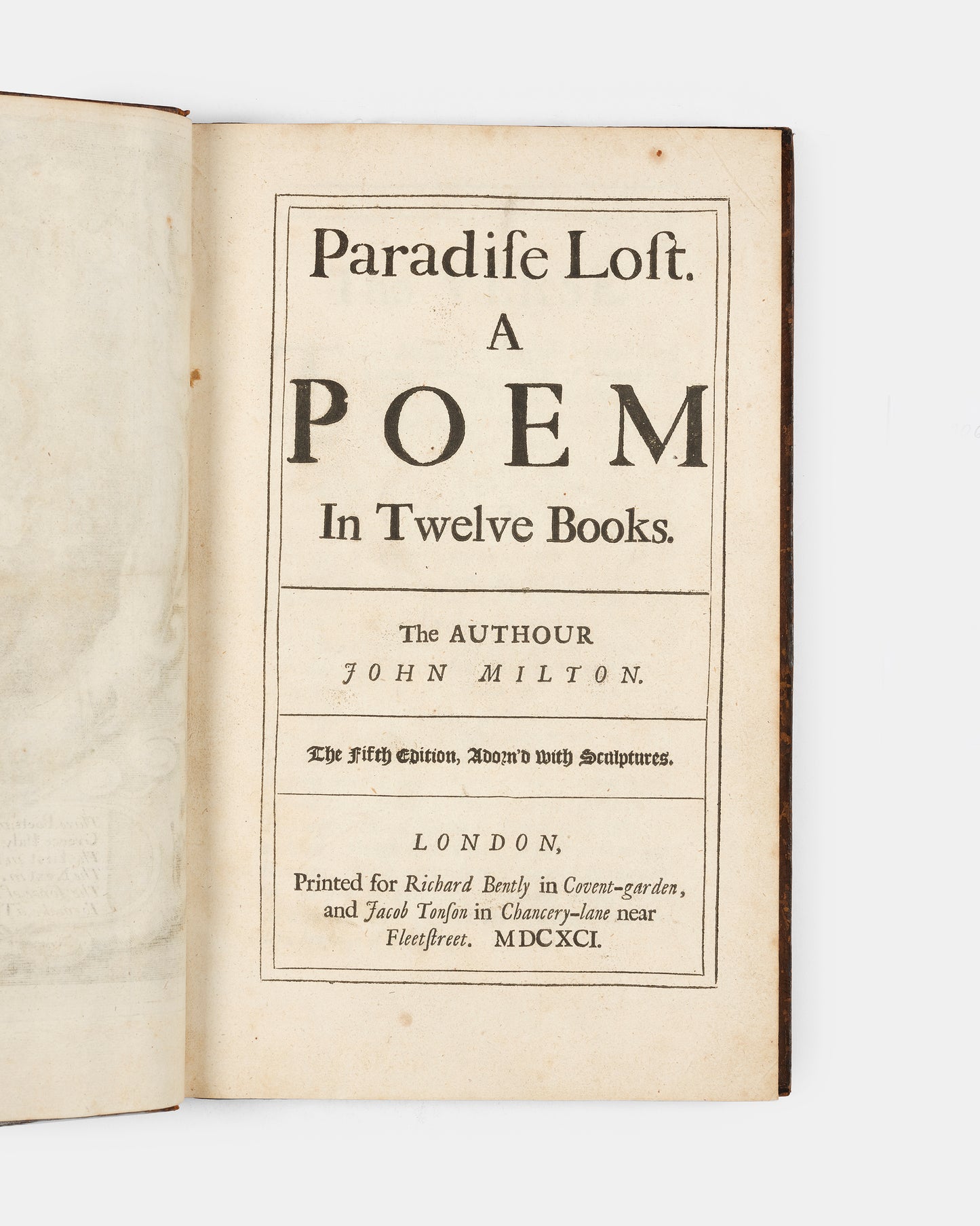 The fifth edition, and second illustrated of Milton's blank verse epic poen retelling the story of teh Fall of Man, Paradise Lost