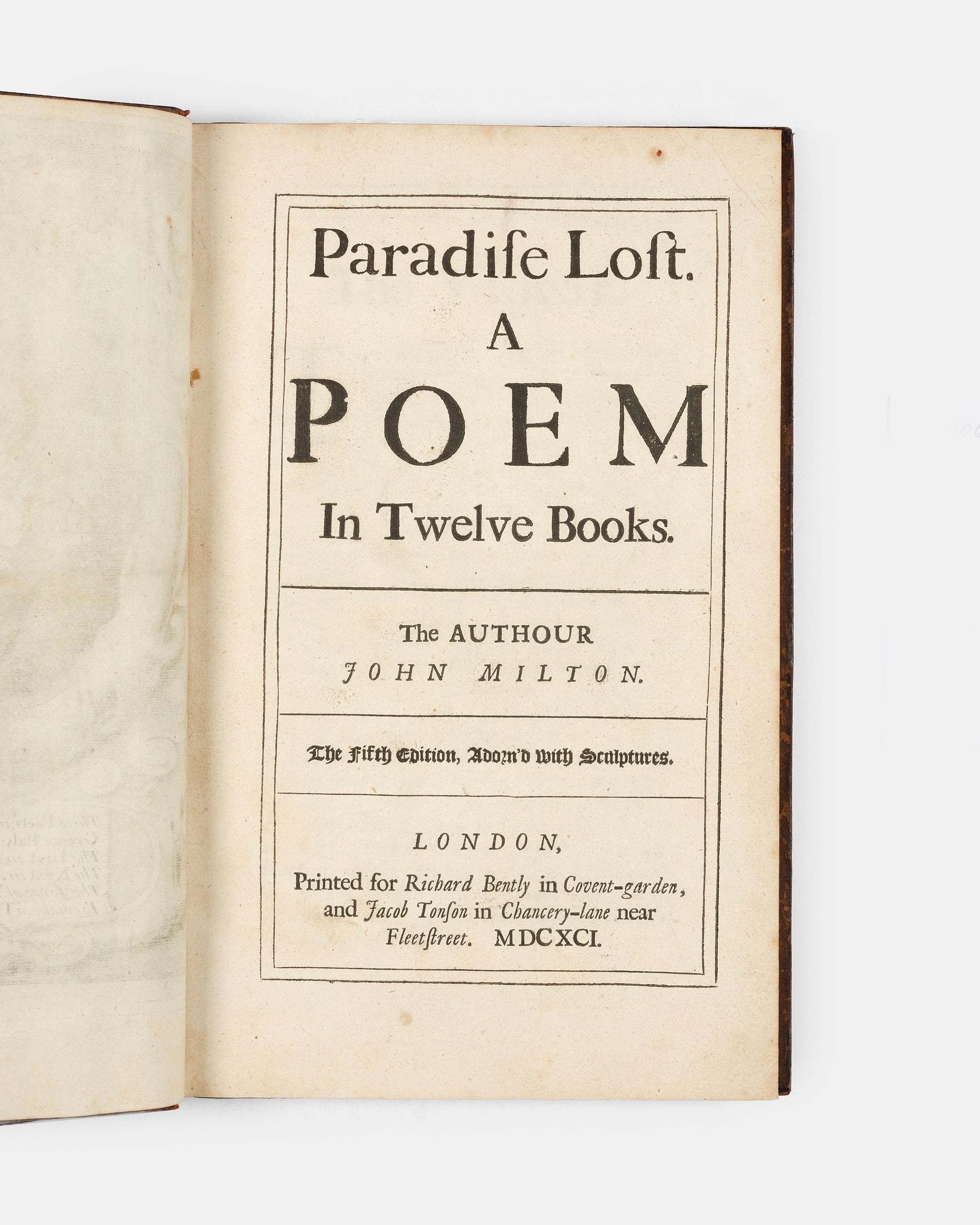 The fifth edition, and second illustrated of Milton's blank verse epic poen retelling the story of teh Fall of Man, Paradise Lost