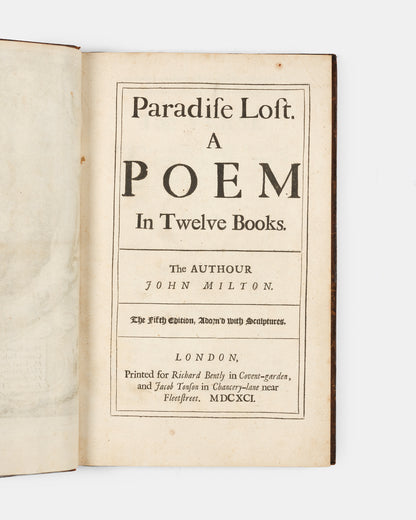 The fifth edition, and second illustrated of Milton's blank verse epic poen retelling the story of teh Fall of Man, Paradise Lost