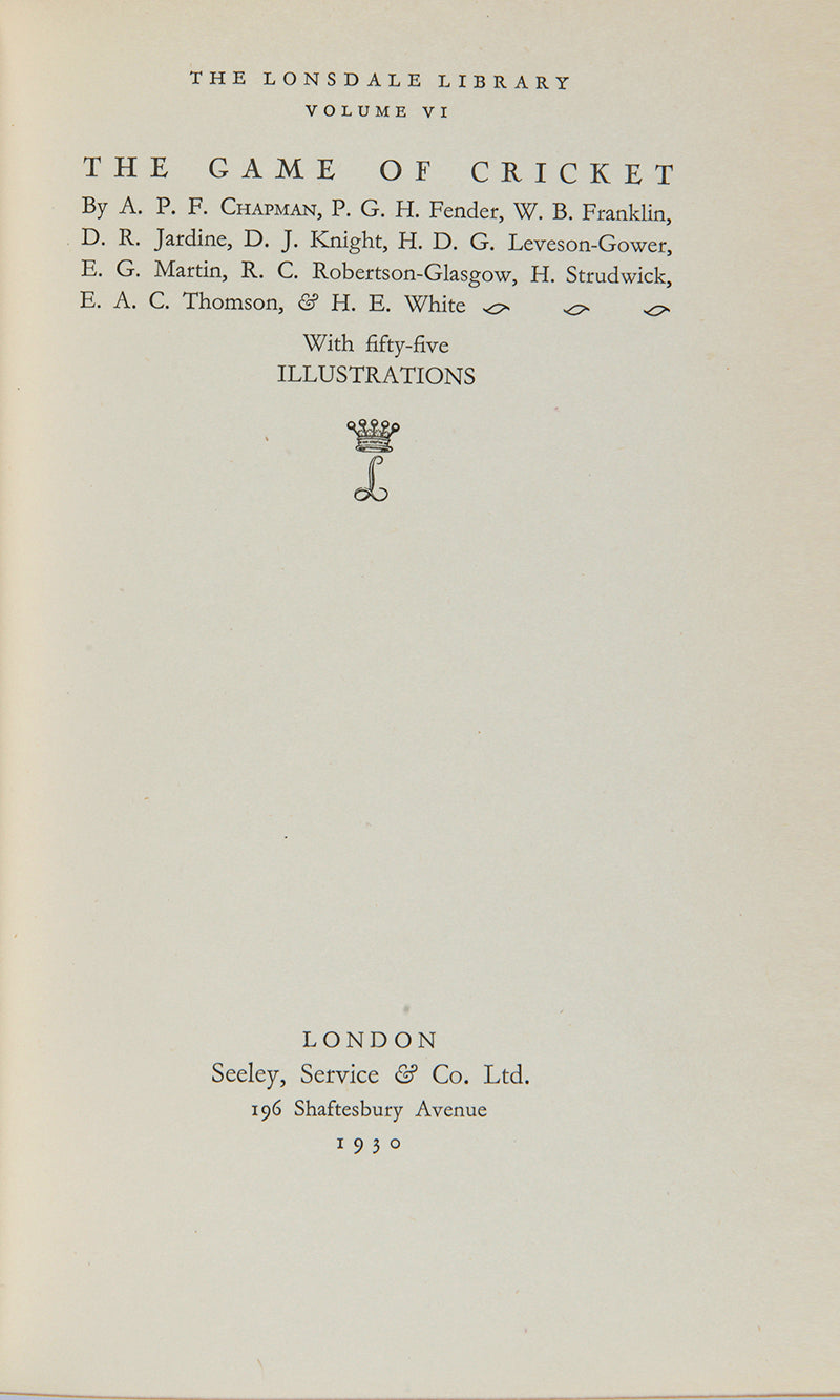An excellent, deluxe edition of The Game of Cricket from 1930, featuring 41 plates as well as contributions from cricketers such as Douglas (D.R.) Jardine, Evelyn (E.G.) Martin and Walter (W.B.) Franklin. 