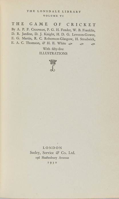 An excellent, deluxe edition of The Game of Cricket from 1930, featuring 41 plates as well as contributions from cricketers such as Douglas (D.R.) Jardine, Evelyn (E.G.) Martin and Walter (W.B.) Franklin. 