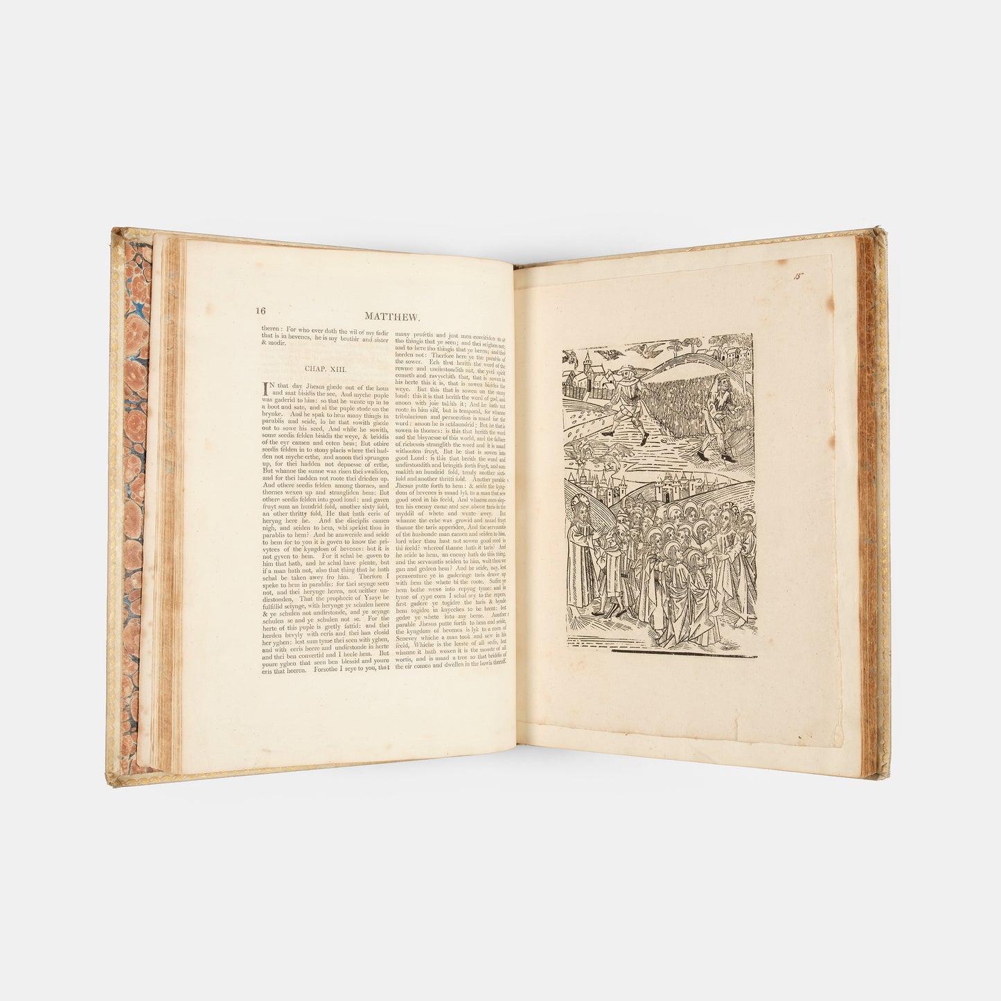 An excellent example of the second printing of Wycliffe's New Testament, extra illustrated with 38 woodcut from the Biblia Pauperum printedin 1877 from the original woodblock