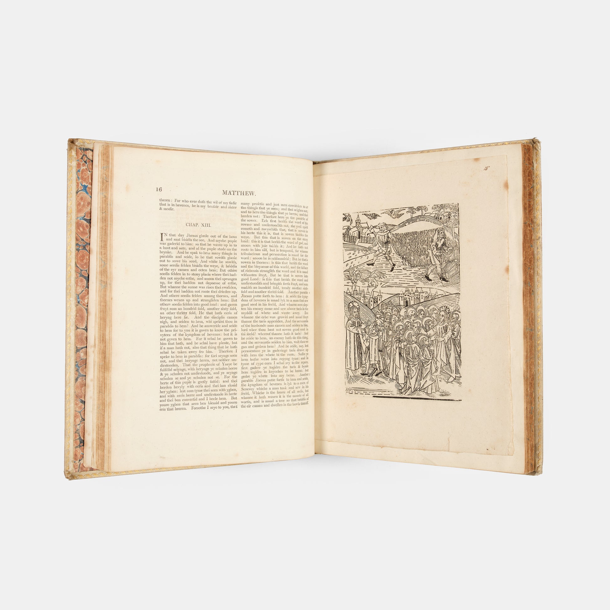 An excellent example of the second printing of Wycliffe's New Testament, extra illustrated with 38 woodcut from the Biblia Pauperum printedin 1877 from the original woodblock