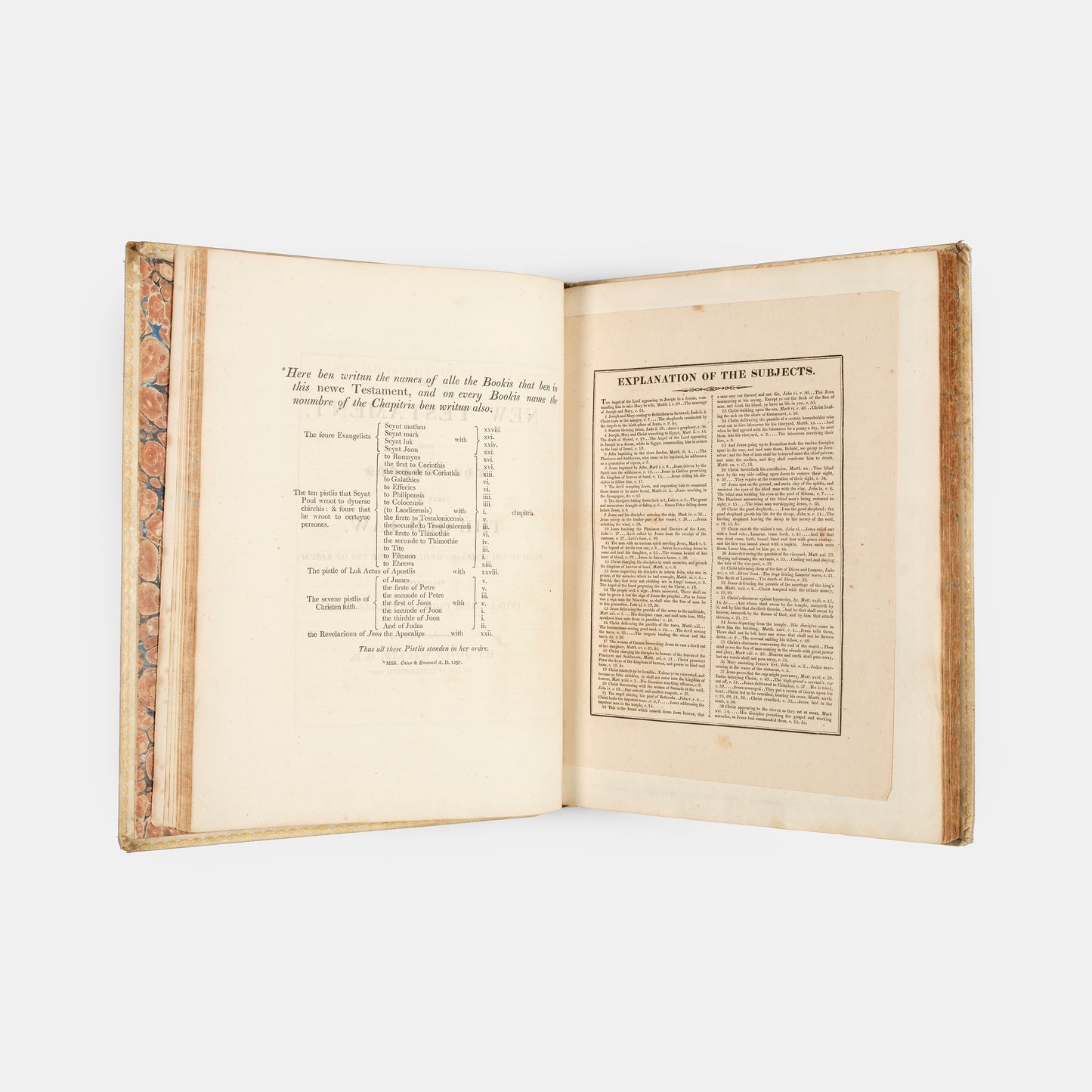 An excellent example of the second printing of Wycliffe's New Testament, extra illustrated with 38 woodcut from the Biblia Pauperum printedin 1877 from the original woodblock