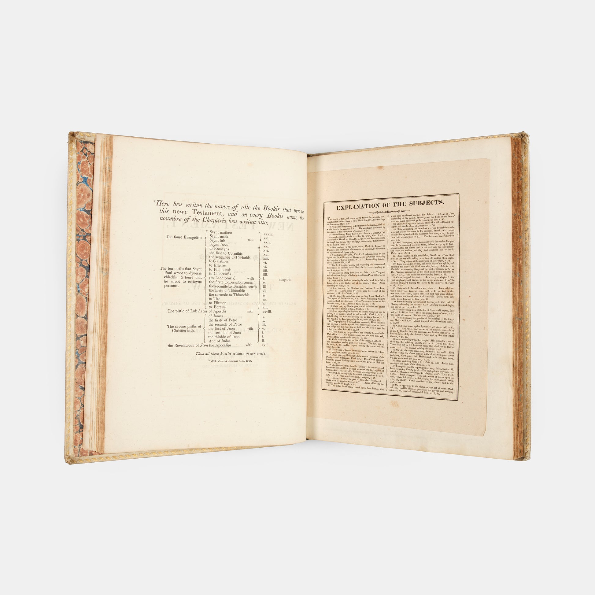 An excellent example of the second printing of Wycliffe's New Testament, extra illustrated with 38 woodcut from the Biblia Pauperum printedin 1877 from the original woodblock